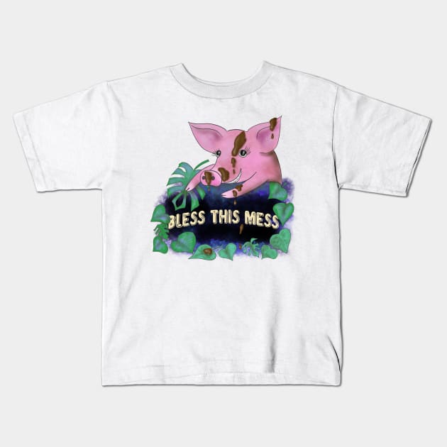 Bless this mess funny pink pig quote Kids T-Shirt by andreeadumez